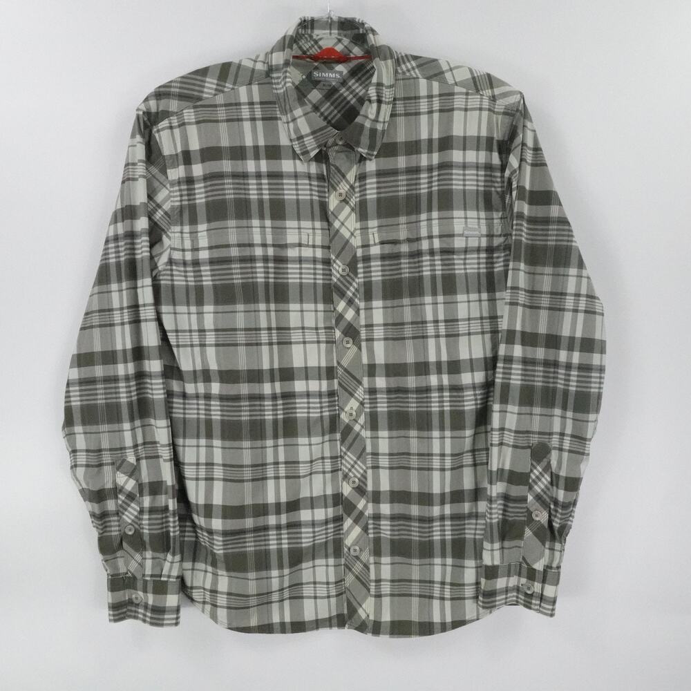 Simms Shirt Mens‎ Medium Gray Green Plaid Fishing Lightweight Cooling Pockets